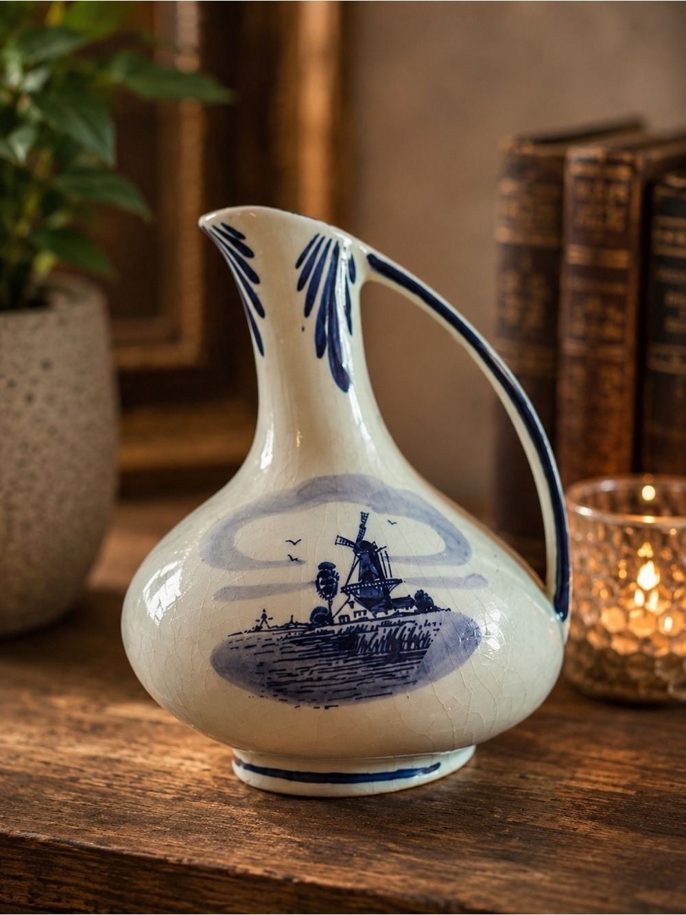 VINTAGE Delft Holland Hand-Painted Porcelain Pitcher • Blue White Windmill Scene